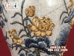 Đôi chóe men rạn đắp nổi hoa Sen cao cấp 20 Lít