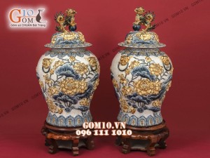 Đôi chóe men rạn đắp nổi hoa Sen cao cấp 20 Lít