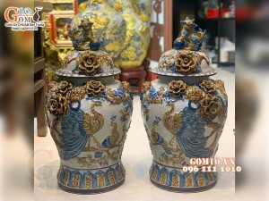 Đôi chóe men rạn đắp nổi Công Đào cao cấp, 40L