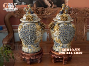 Đôi chóe men rạn đắp nổi kênh boong Công Đào cao cấp, cao 65cm