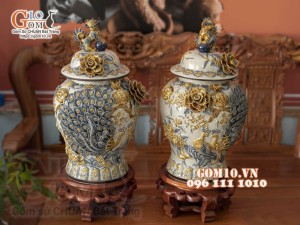 Đôi chóe men rạn đắp nổi kênh boong Công Đào cao cấp, cao 65cm