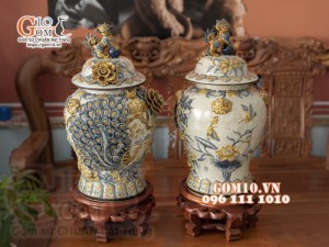 Đôi chóe men rạn đắp nổi kênh boong Công Đào cao cấp, cao 65cm