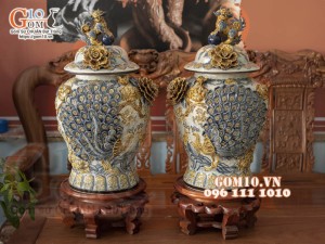 Đôi chóe men rạn đắp nổi kênh boong Công Đào cao cấp, cao 65cm