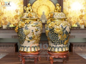 Đôi chóe men rạn đắp nổi kênh Công Đào Phú Quý dát vàng 24k, 40L