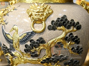 Đôi chóe men rạn đắp nổi kênh Công Đào Phú Quý dát vàng 24k, 40L