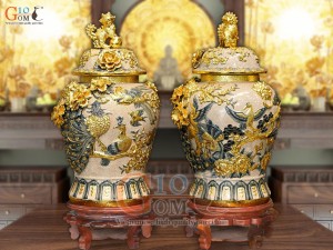 Đôi chóe men rạn đắp nổi kênh Công Đào Phú Quý dát vàng 24k, 40L