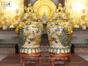 Đôi chóe men rạn đắp nổi kênh Công Đào Phú Quý dát vàng 24k, 50L