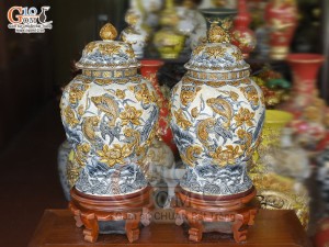 Đôi chóe men rạn đắp nổi Sen Cát Tường, 30L