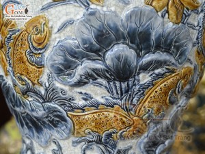 Đôi chóe men rạn đắp nổi Sen Cát Tường, 30L