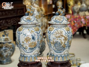 Đôi chóe men rạn đắp nổi tứ cảnh bốn mùa kênh, 30L