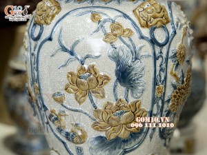 Đôi chóe men rạn đắp nổi tứ cảnh bốn mùa kênh, 30L