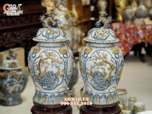 Đôi chóe men rạn đắp nổi tứ cảnh bốn mùa kênh, 30L