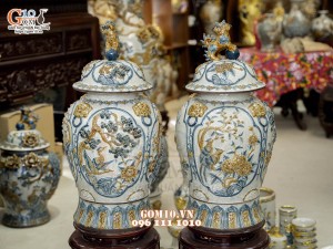 Đôi chóe men rạn đắp nổi tứ cảnh bốn mùa kênh, 30L