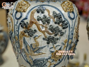 Đôi chóe men rạn đắp nổi tứ cảnh bốn mùa kênh, 30L