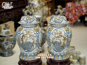 Đôi chóe men rạn đắp nổi tứ cảnh bốn mùa kênh, 30L