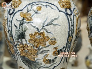 Đôi chóe men rạn đắp nổi tứ cảnh bốn mùa kênh, 50L