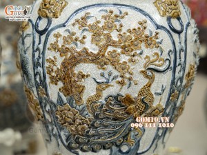 Đôi chóe men rạn đắp nổi tứ cảnh bốn mùa kênh, 50L