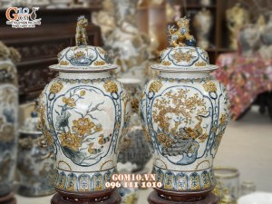 Đôi chóe men rạn đắp nổi tứ cảnh bốn mùa kênh, 50L