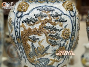 Đôi chóe men rạn đắp nổi tứ cảnh bốn mùa kênh, 50L