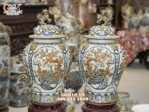 Đôi chóe men rạn đắp nổi tứ cảnh bốn mùa kênh, 50L