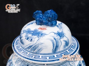 Đôi chóe men chàm cổ vẽ cảnh Sơn Thủy 15L