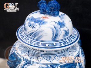 Đôi chóe men chàm cổ vẽ cảnh Sơn Thủy 15L