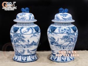 Đôi chóe men chàm cổ vẽ cảnh Sơn Thủy 15L