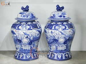 Đôi chóe men trắng vẽ Chép Sen xanh lam, 30L