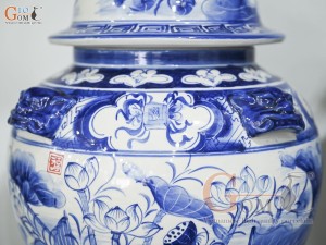 Đôi chóe men trắng vẽ Chép Sen xanh lam, 30L