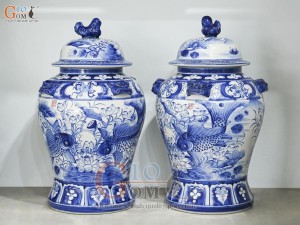 Đôi chóe men trắng vẽ Chép Sen xanh lam, 30L