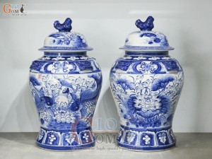 Đôi chóe men trắng vẽ Chép Sen xanh lam, 30L