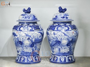 Đôi chóe men trắng vẽ Chép Sen xanh lam, 30L