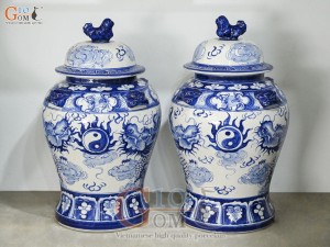 Đôi chóe men trắng vẽ Song Long Chầu Nguyệt xanh lam, 30L