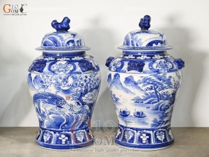 Đôi chóe men trắng vẽ Trĩ Đào phú quý xanh lam, 30L