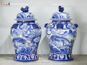 Đôi chóe men trắng vẽ Trĩ Đào phú quý xanh lam, 30L