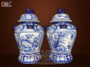 Đôi chóe men trắng vẽ tứ cảnh Tùng Cúc Trúc Mai xanh lam, 30L