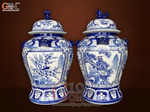 Đôi chóe men trắng vẽ tứ cảnh Tùng Cúc Trúc Mai xanh lam, 30L