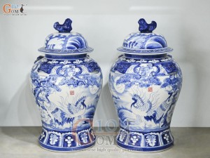 Đôi chóe men trắng vẽ Tùng Hạc xanh lam, 30L