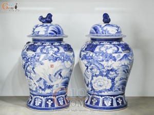 Đôi chóe men trắng vẽ Tùng Hạc xanh lam, 30L