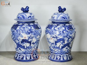 Đôi chóe men trắng vẽ Tùng Lộc xanh lam, 30L