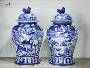 Đôi chóe men trắng vẽ Tùng Lộc xanh lam, 30L