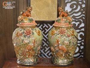 Đôi chóe men vân mây đắp nổi Công Đào Phú Quý, 30L