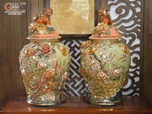 Đôi chóe men vân mây đắp nổi Công Đào Phú Quý, 30L