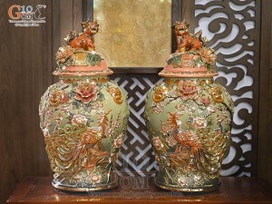 Đôi chóe men vân mây đắp nổi Công Đào Phú Quý, 30L