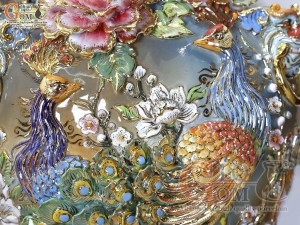 Đôi chóe men vân mây đắp nổi Công Đào Phú Quý vẽ vàng 24k, 60 Lít