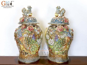 Đôi chóe men vân mây đắp nổi Công Đào Phú Quý vẽ vàng 24k, 60 Lít