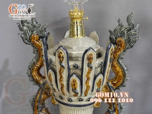 Đôi đèn dầu mạc men rạn đắp nổi Rồng Như Ý, cao 73cm