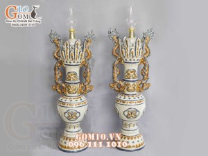 Đôi đèn dầu mạc men rạn đắp nổi Rồng Như Ý, cao 73cm