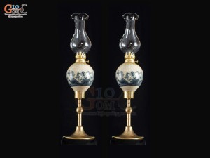 Đôi đèn dầu dáng quả lê men rạn cảnh sơn thủy, cao 26cm