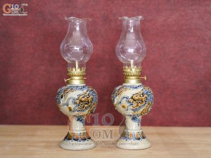 Đôi đèn dầu dáng tròn men hoàng tộc đắp nổi Rồng Như Ý, cao 16cm